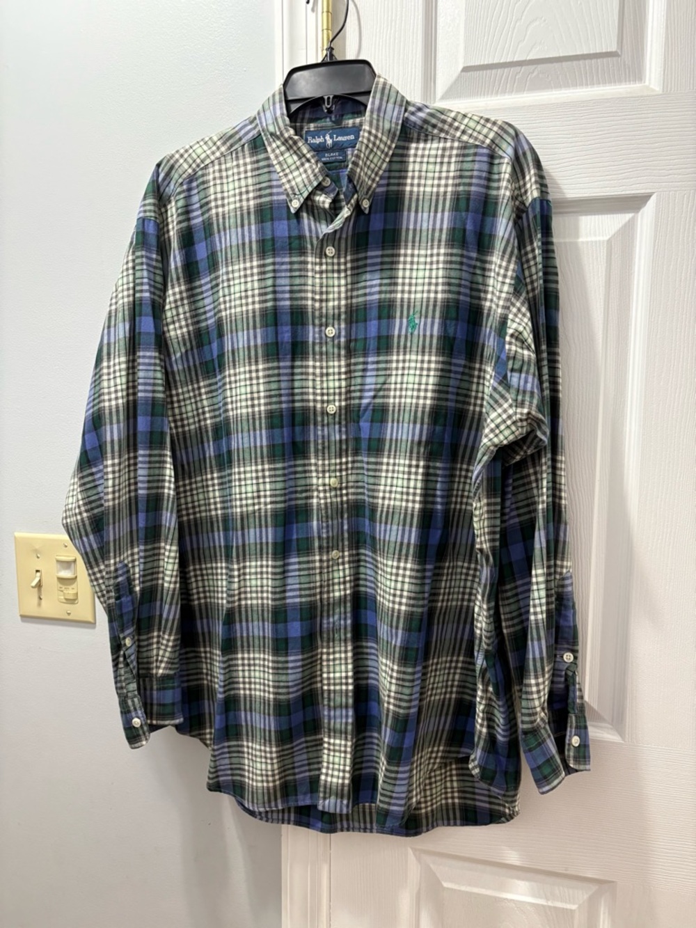 Polo by Ralph Lauren Blake Fit Green & Blue Plaid Button Down Shirt Size Large